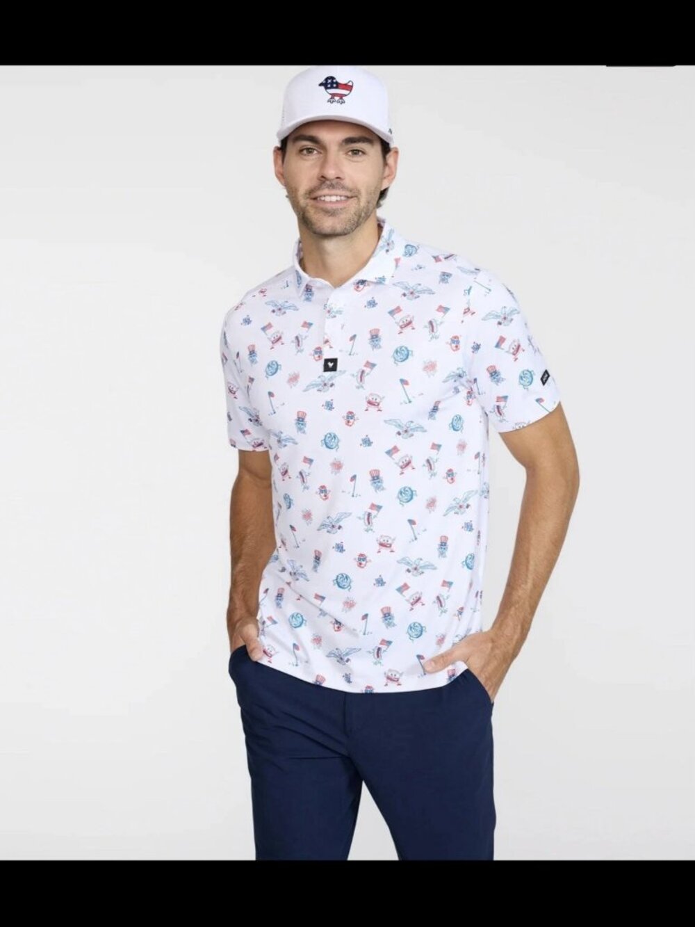 Bad Birdie Core Polo USA All Day July 4th White 4-Way Stretch UPF 50+ Medium